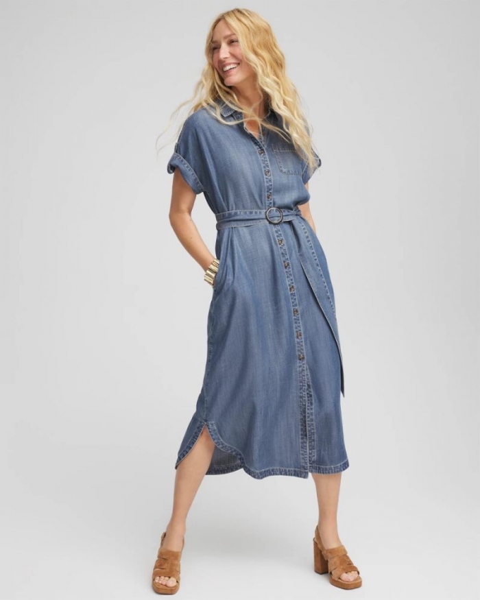 Chicos Denim TieMidi Shirtdress - WHIMSICAL INDIGO