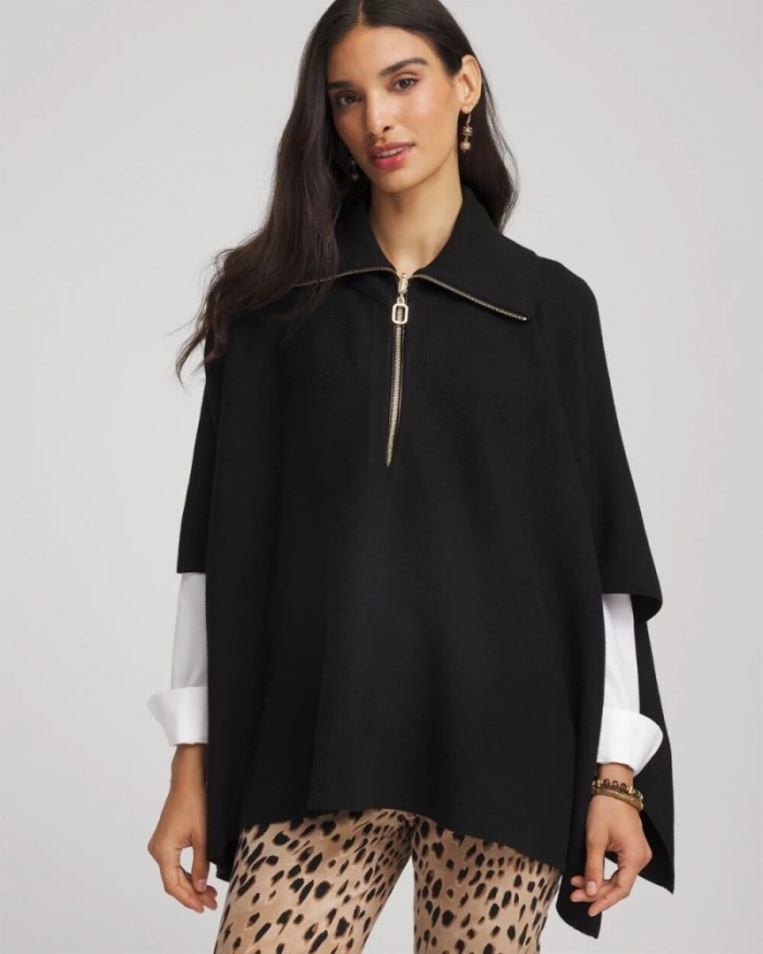 Chicos Cashmere-Blend Pullover Sweater Poncho - BLACK