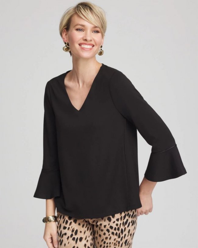 Chicos Ponte V-Neck Tee - BLACK