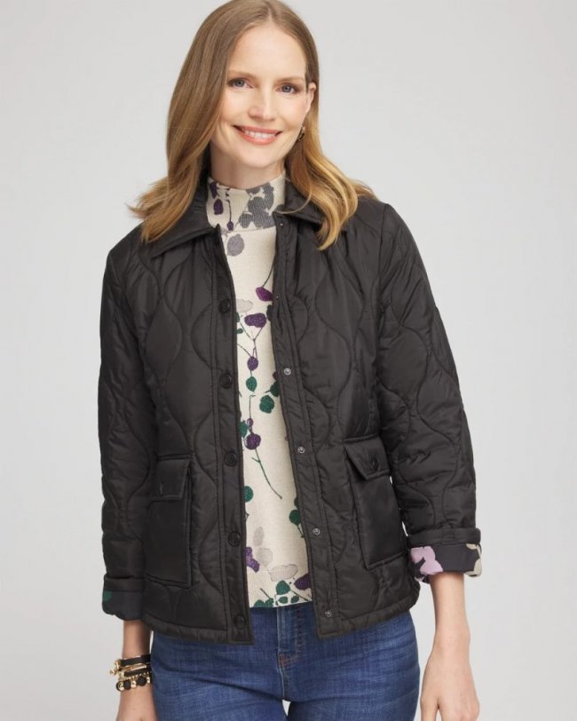 Chicos Faux Nylon Quilted Jacket - BLACK