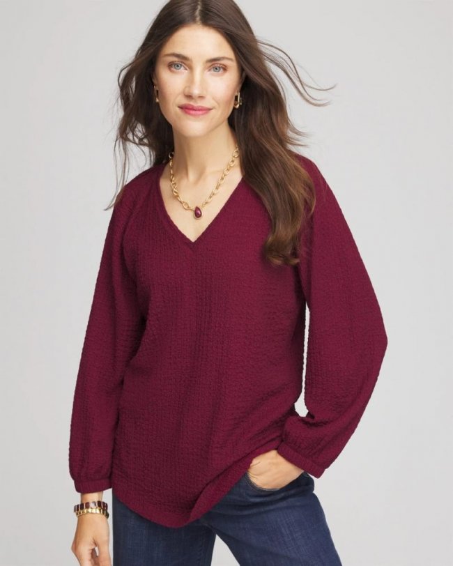 Chicos Textured Raglan V-Neck Top - DEEP CHIANTI