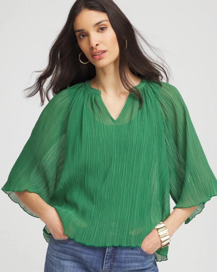 Chicos Textured Pleated Chiffon Blouse - JARDIN GREEN