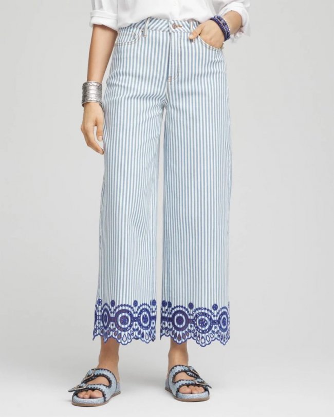 Chicos Eyelet High-Rise Wide Cropped Jeans - BLUE