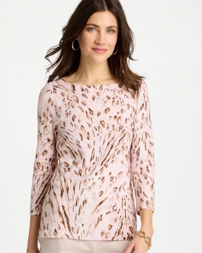 Chicos Animal Foiled Pima 3/4 Sleeve Tee - ALABASTER