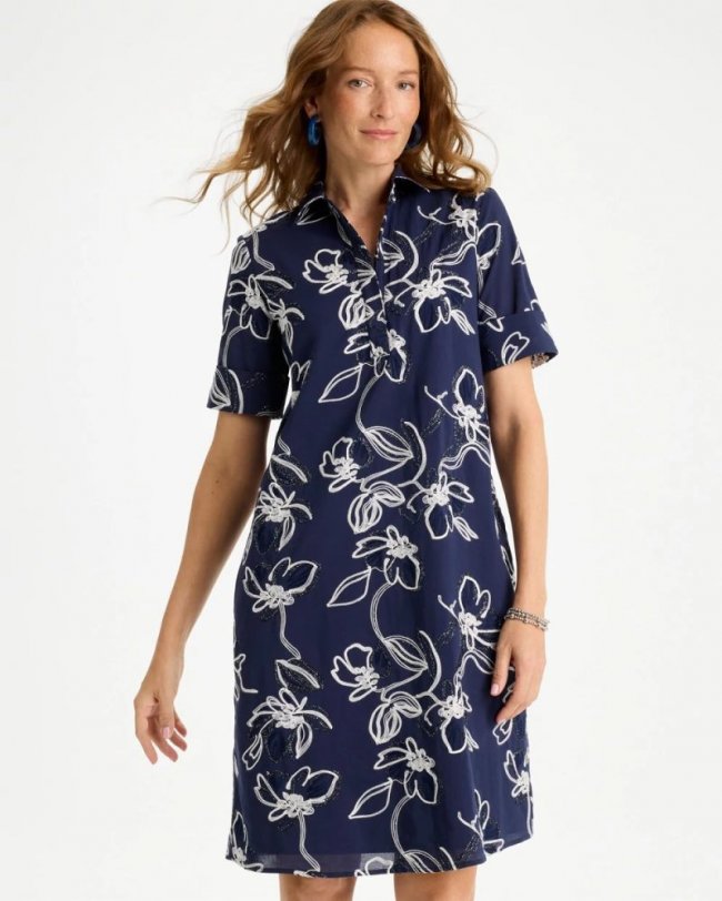 Chicos Embroidered Floral Dress - PASSPORT BLUE