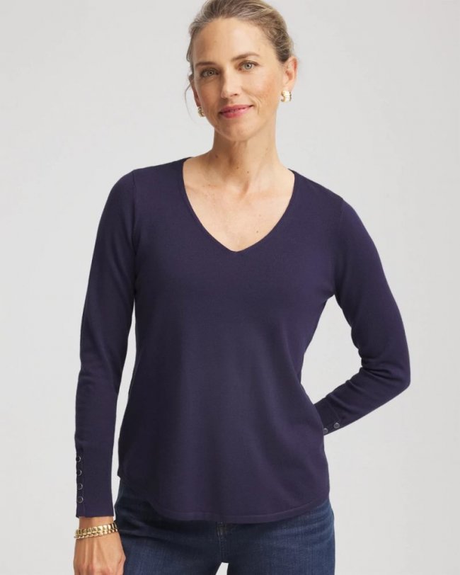 Chicos Ella V-Neck Pullover Sweater - PASSPORT BLUE