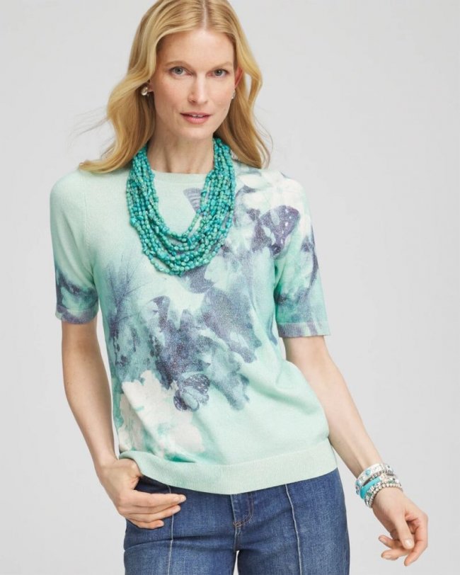 Chicos Metallic Butterfly Print Sweater Tee - TEAL WATERS