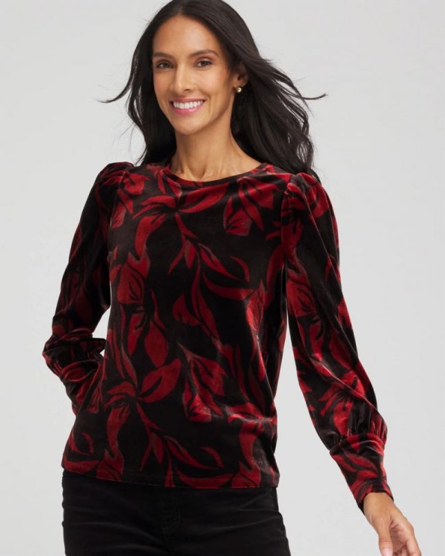 Chicos Velvet Rose Banded-Cuff Top - BLACK