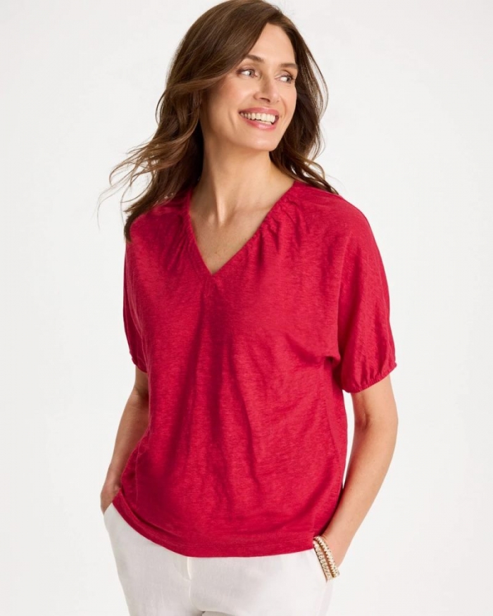 Chicos Linen Ruched V-Neck Tee - CHERRY LUSH