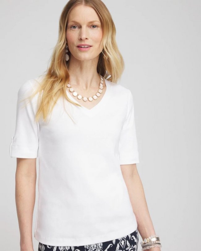 Chicos Pima V-Neck Tee - ALABASTER