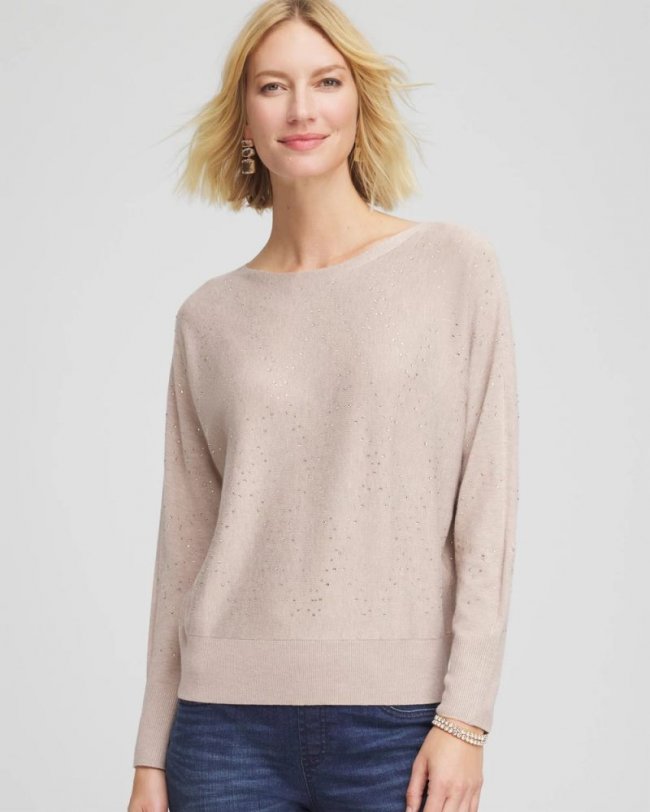 Chicos Ella Embellished Dolman Pullover Sweater - LIGHT TAUPE HEATHER