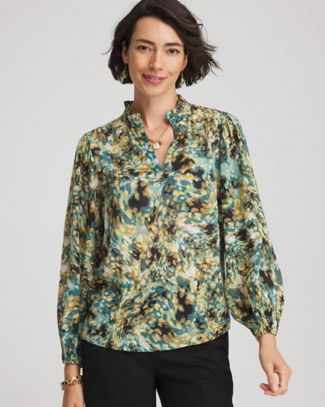 Chicos Crinkle Relaxed-Fit Blouse - DARKEST SPRUCE