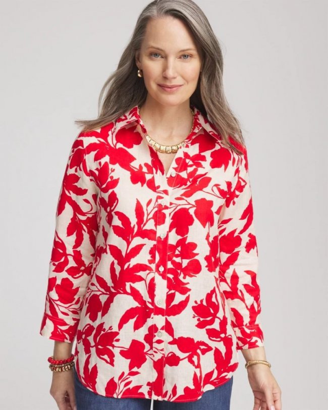 Chicos No Iron Floral Linen Shirt - RED GLOW Chicos No Iron Floral Linen Shirt - RED GLOW