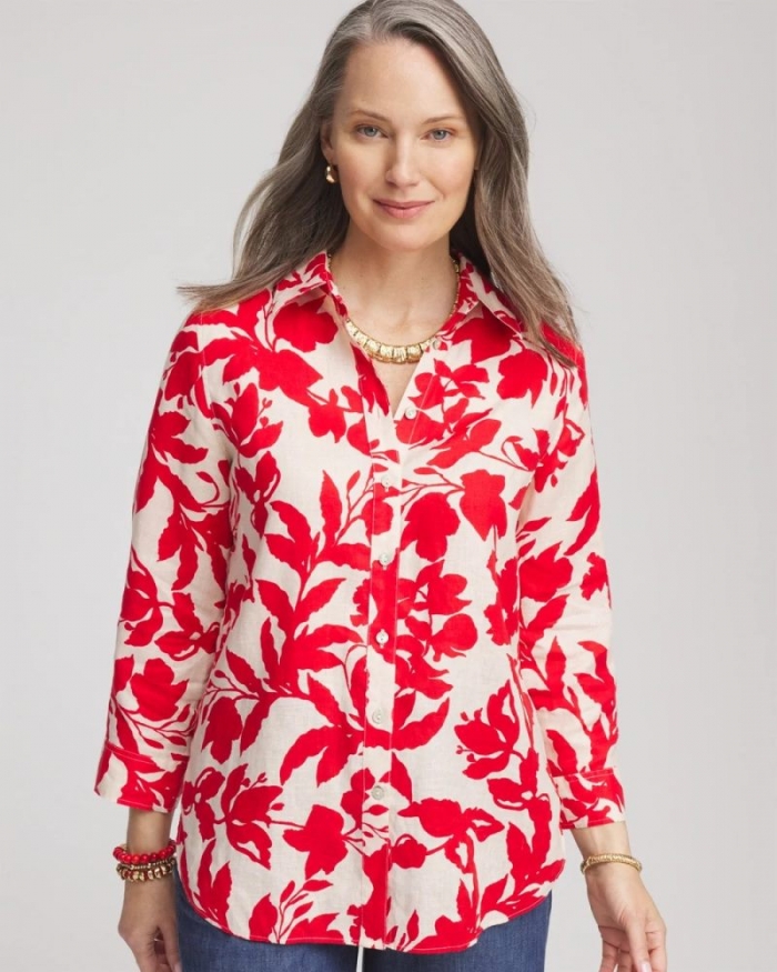 Chicos No Iron Floral Linen Shirt - RED GLOW