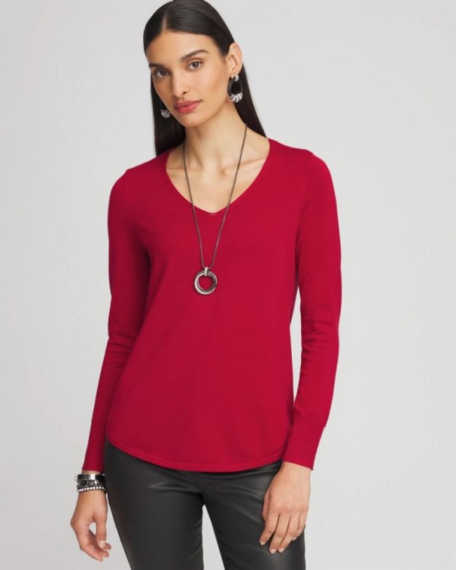 Chicos Caviar Trim V-Neck Pullover Sweater - RED ALLURE Chicos Caviar Trim V-Neck Pullover Sweater - RED ALLURE