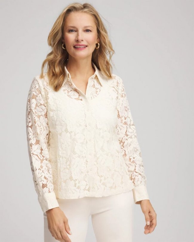 Chicos Classic-Fit Collared Lace Shirt - ENGLISH CREAM