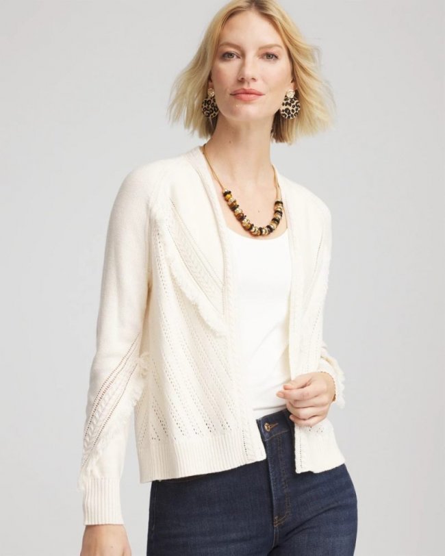 Chicos Cable Knit Fringed Sweater - ENGLISH CREAM