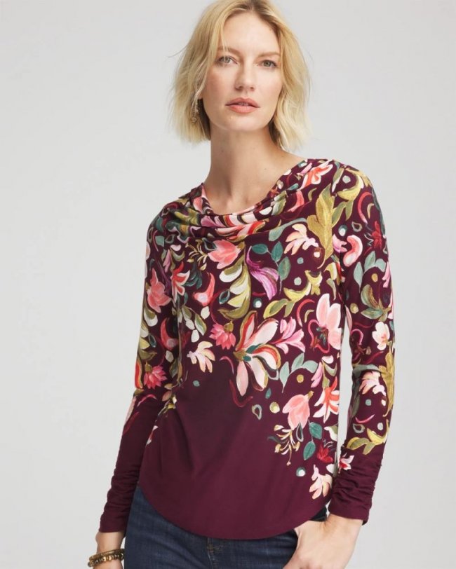Chicos Touch of Cool™ Paisley Cowl Neck Tee - DEEP CHIANTI