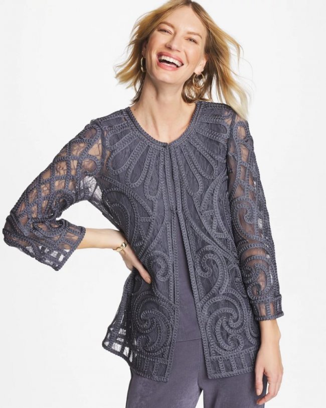 Chicos Travelers™ Short Embroidered Lace Jacket - SOFT SLATE
