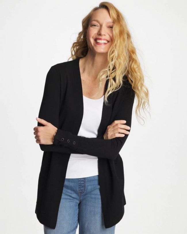 Chicos Ella Ottoman-Trim Cardigan - BLACK
