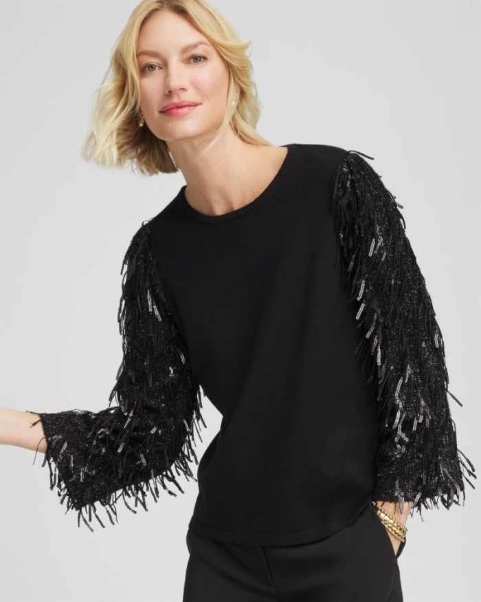 Chicos Fringe Sequins Pullover Sweater - BLACK
