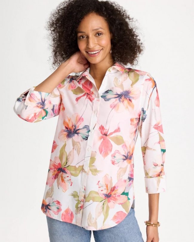 Chicos No Iron Stretch Croix Collage Shirt - CALYPSO CORAL