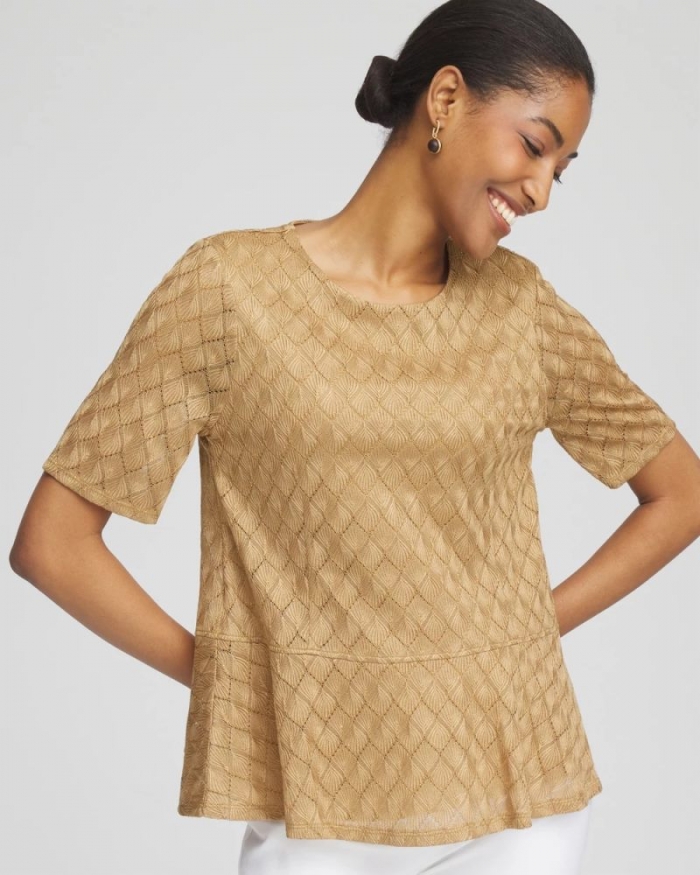 Chicos Metallic Crochet-Lace Peplum Tee - CAFE AROMA