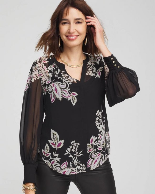 Chicos Floral Pintuck Sleeve Blouse - BLACK