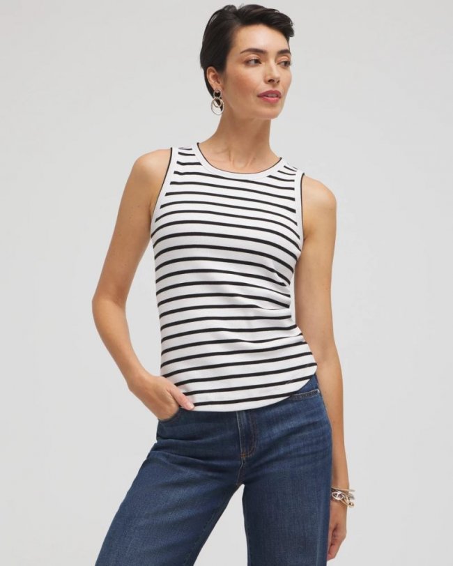 Chicos Stripe Ribbed High Neck Tank - BLACK