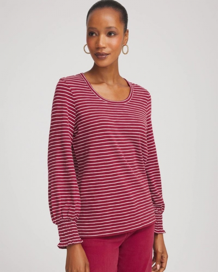 Chicos Smocked-Sleeve Cotton-Slub Tee - RUSSET RED