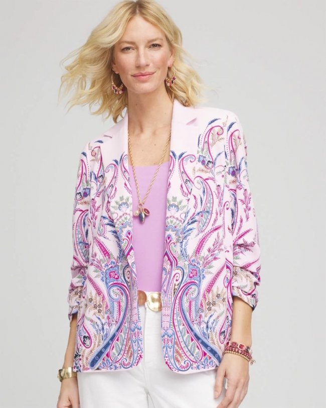 Chicos Ruched Sleeve Paisley Blazer - LAVENDER SKIES