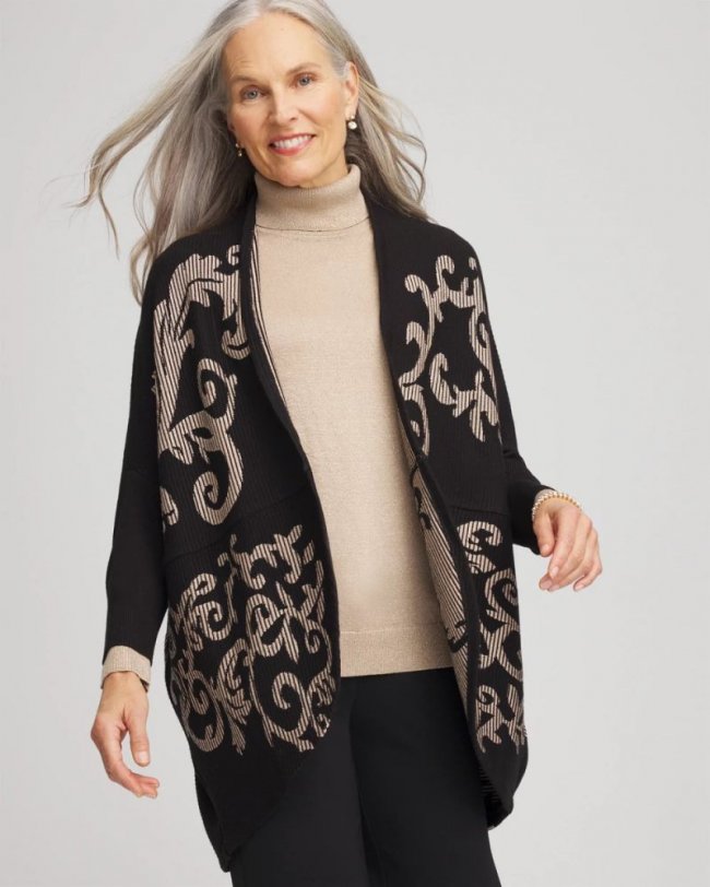 Chicos Ottoman Jacquard Cocoon Cardigan - BLACK