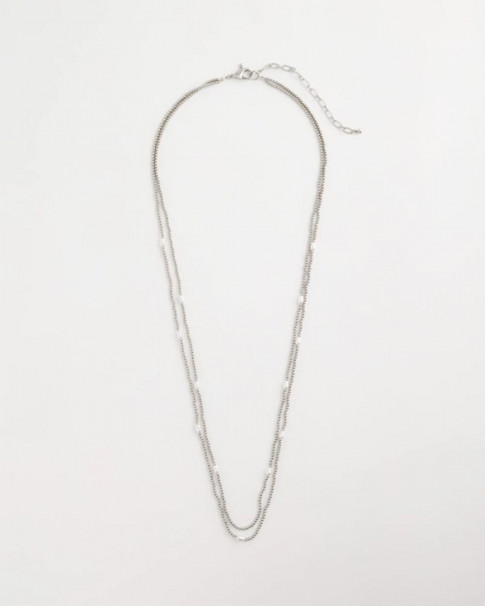 Chicos Pearlescent Bead Ball Long Necklace - SILVER