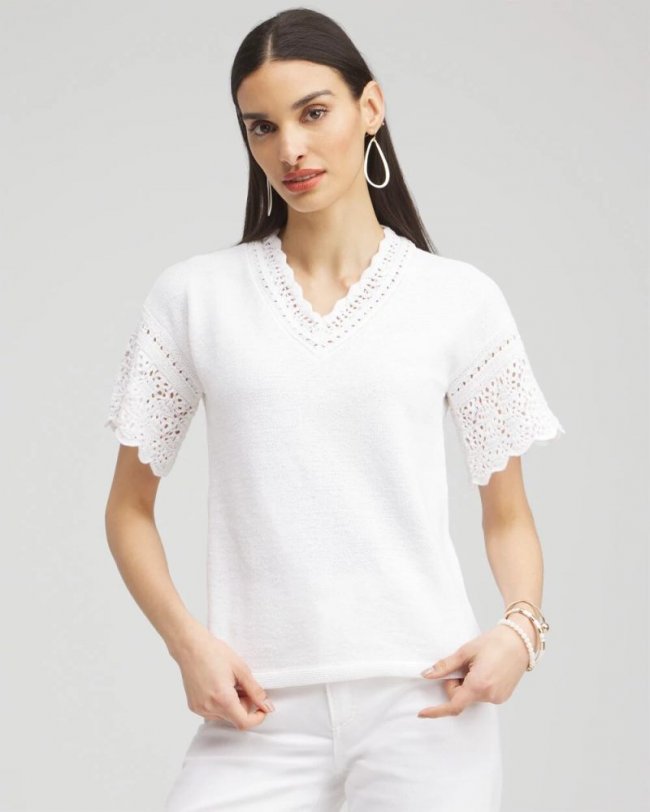Chicos Pointelle Knit Pullover Sweater - ALABASTER