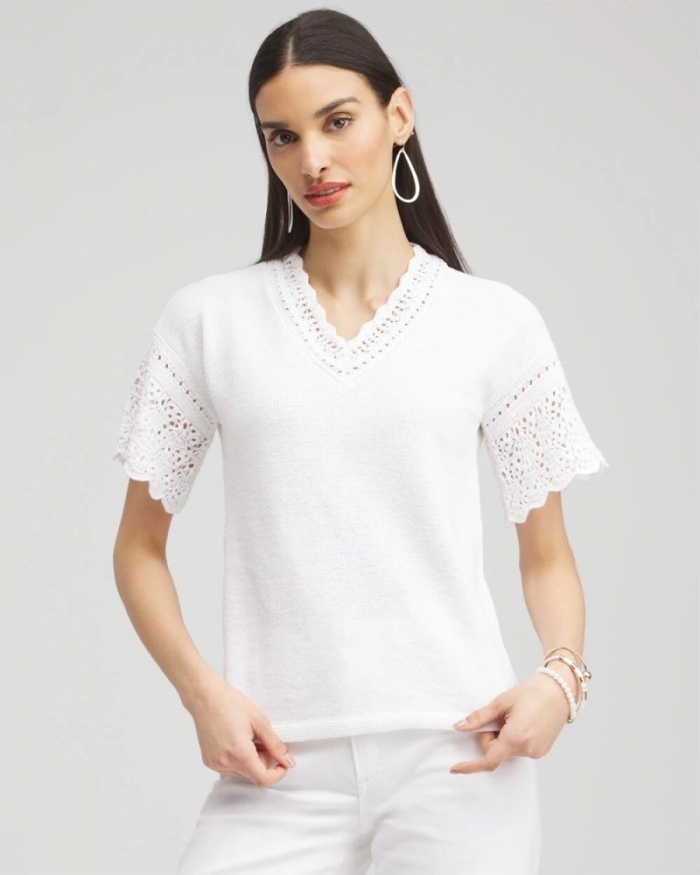 Chicos Pointelle Knit Pullover Sweater - ALABASTER