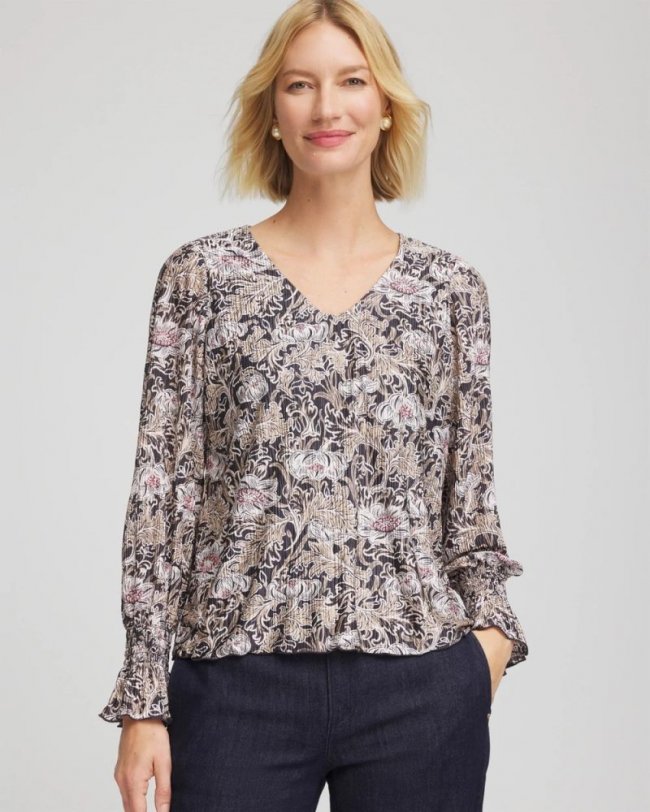 Chicos Bloom Crinkle Bodre Top - GRAPHITE GRAY