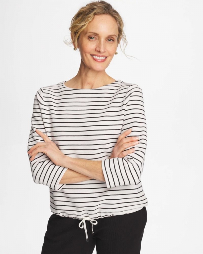 Chicos Zenergy® Striped Ottoman Drawstring Top - BLACK