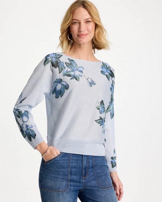 Chicos Floral Print Pullover Sweater - BLUE ORCHID Chicos Floral Print Pullover Sweater - BLUE ORCHID
