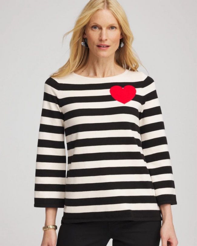 Chicos Striped V-Day Pullover - ENGLISH CREAM
