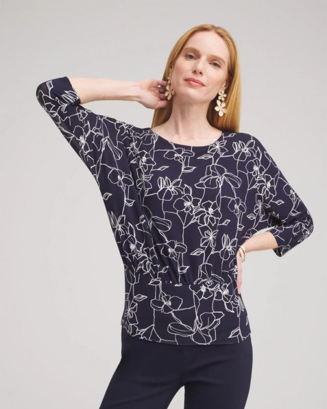 Chicos Touch of Cool™ Floral Banded Hem Top - CLASSIC NAVY