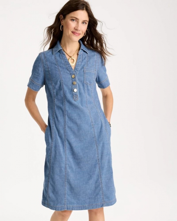 Chicos Soft-Stretch Hemp Denim Shirtdress - PALM ISLE INDIGO