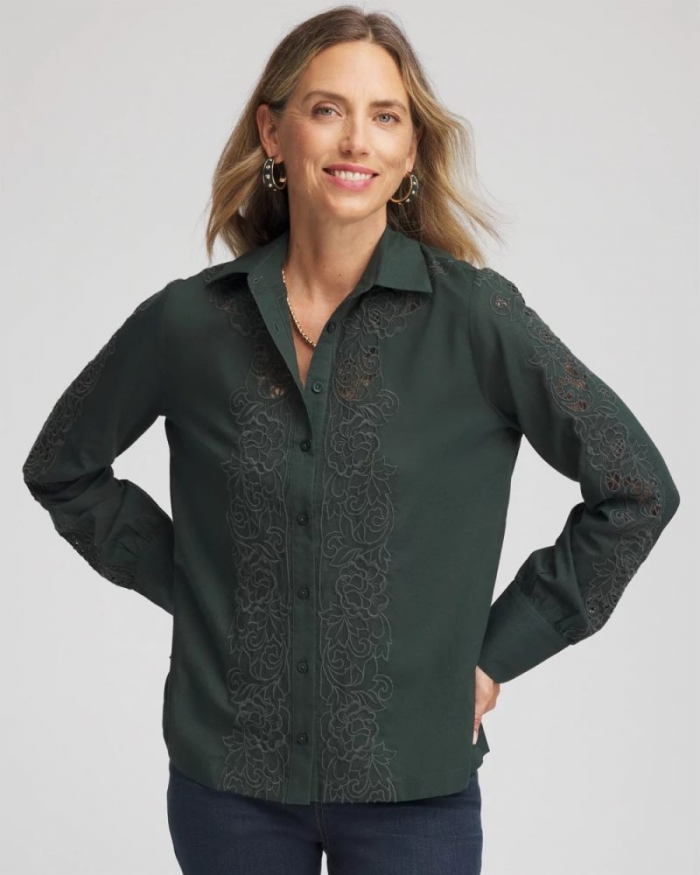 Chicos Lace Cotton Voile Shirt - DARKEST SPRUCE