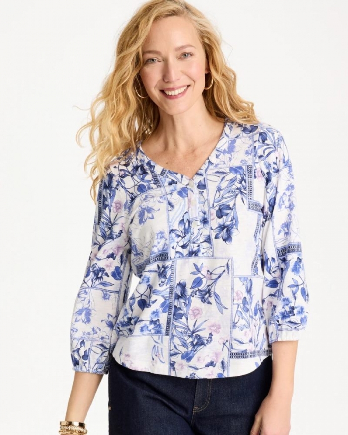 Chicos Elle Puff Sleeve Cotton Slub Henley Tee - PASSPORT BLUE