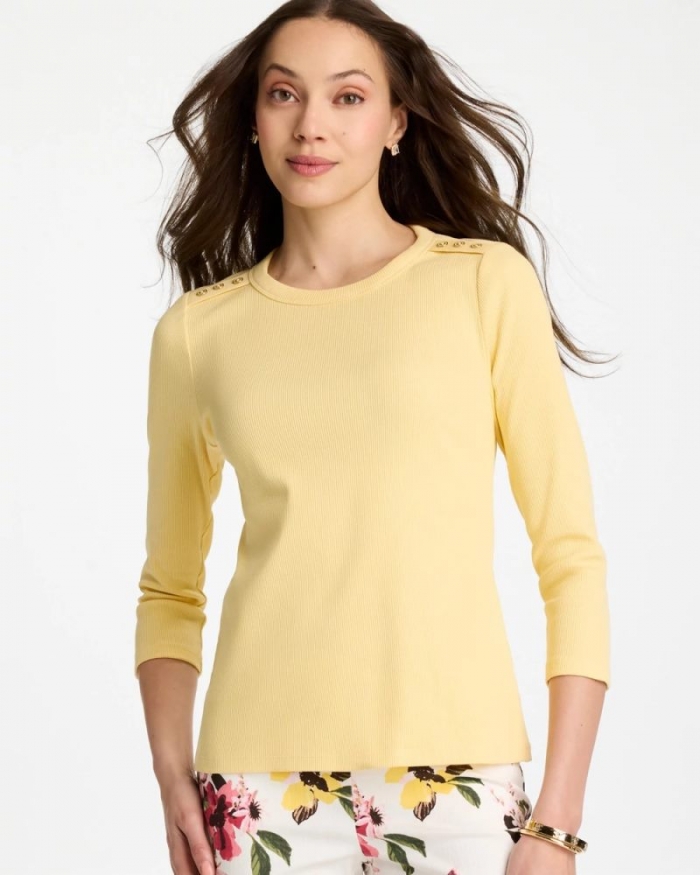 Chicos Ribbed Button Crewneck Tee - GOLDEN HAZE