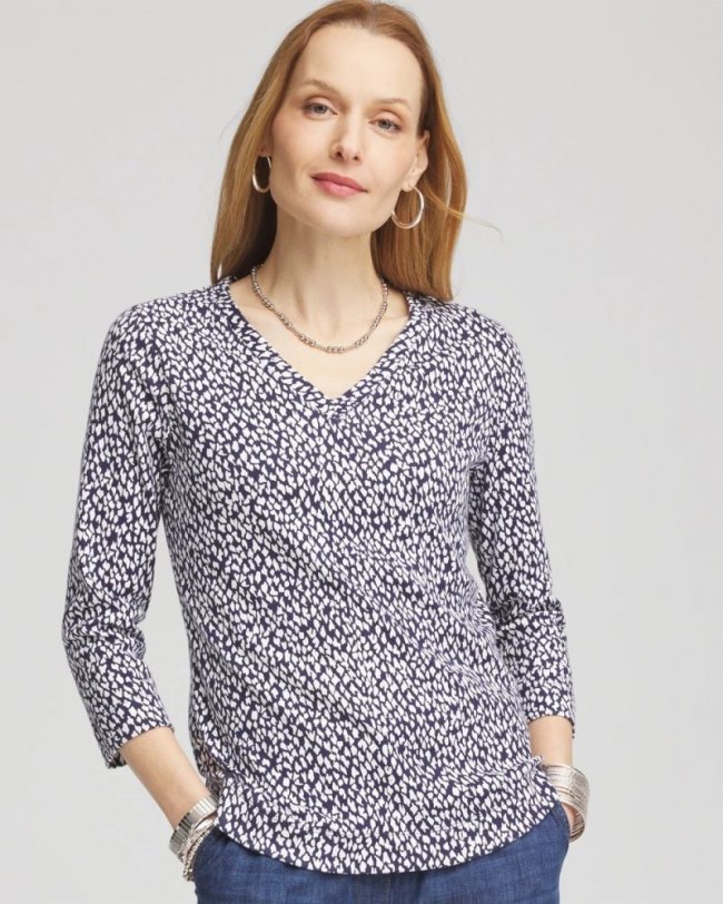 Chicos Dots Pima 3/4 Sleeve Everyday Tee - PASSPORT BLUE