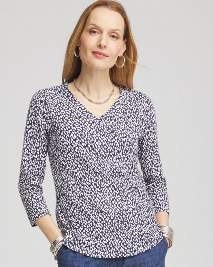 Chicos Dots Pima 3/4 Sleeve Everyday Tee - PASSPORT BLUE