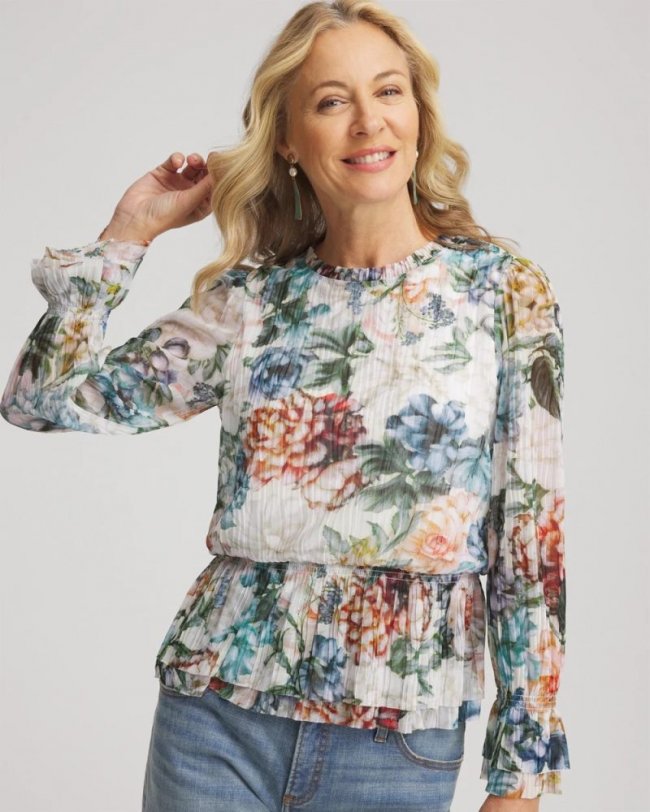 Chicos Rose Print Crinkle Top - ECRU