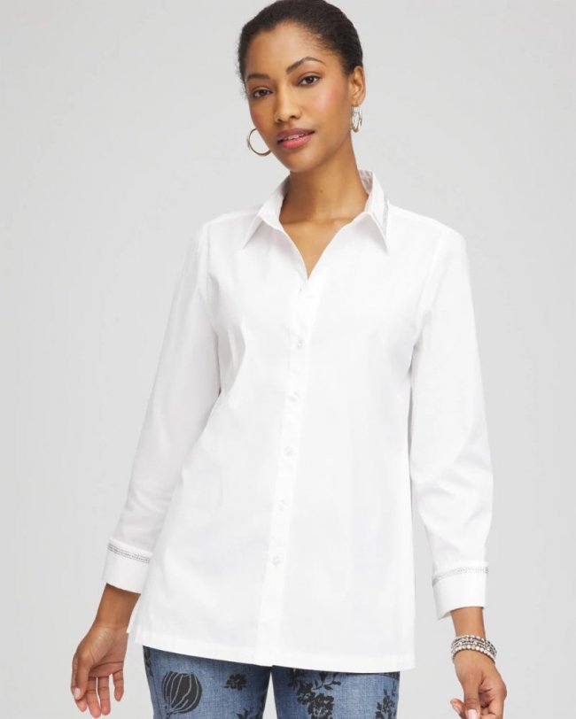 Chicos Rhinestone Embellished Poplin Tunic - ALABASTER