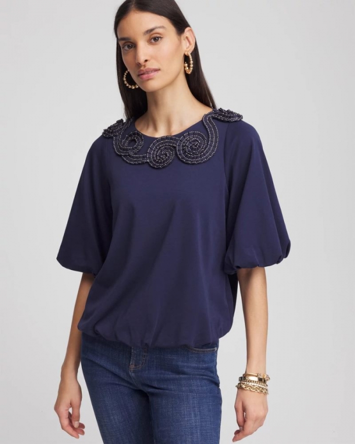 Chicos Bubble Hem Pleated Cotton Top - PASSPORT BLUE