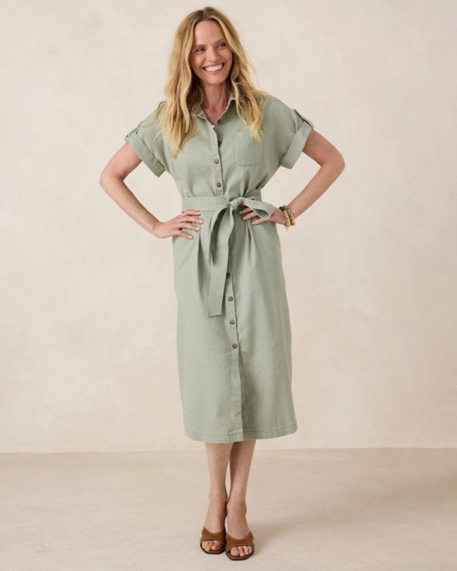 Chicos Dolman Tie Hemp Denim Shirtdress - SEAGRASS GREEN